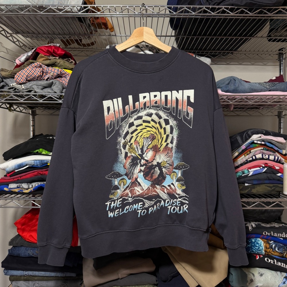 Billabong Sweatshirt Womens XS Black Welcome to Paradise Tour Graphic Surf Beach